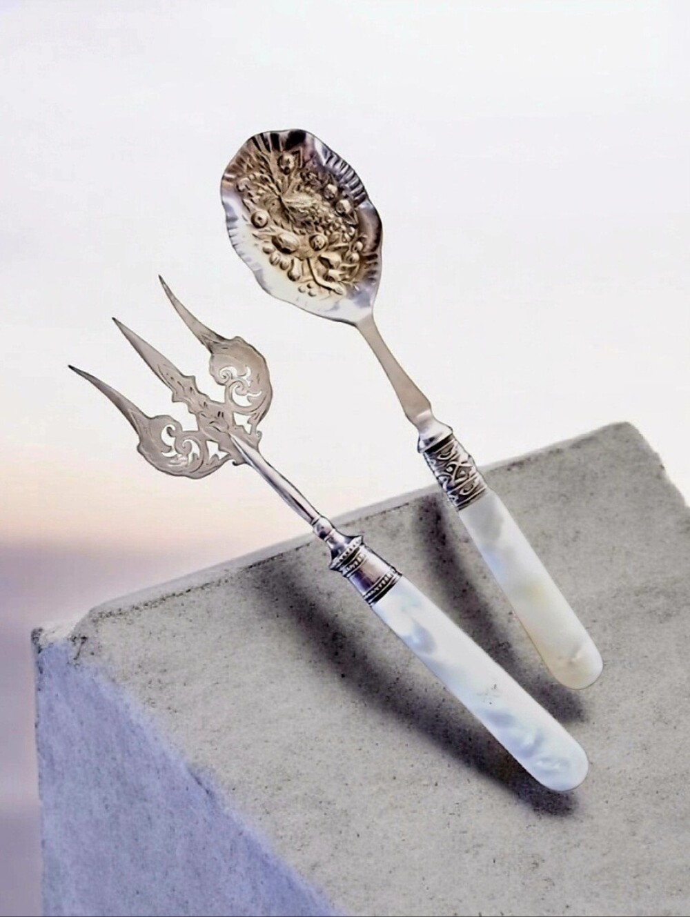 Antique Wingfield Estate EPNS Silver Plate Mother of Pearl Vintage Serving Set